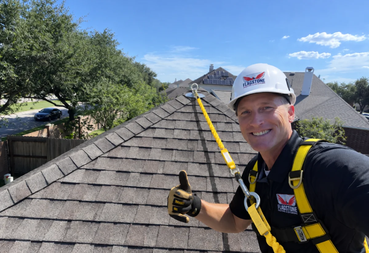 Insurance adjuster inspecting a storm-damaged Texas roof